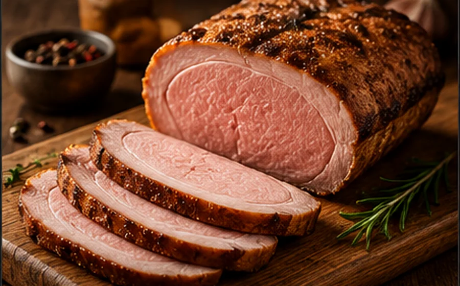 Aufgeschnittener Braten auf einem Holzbrett