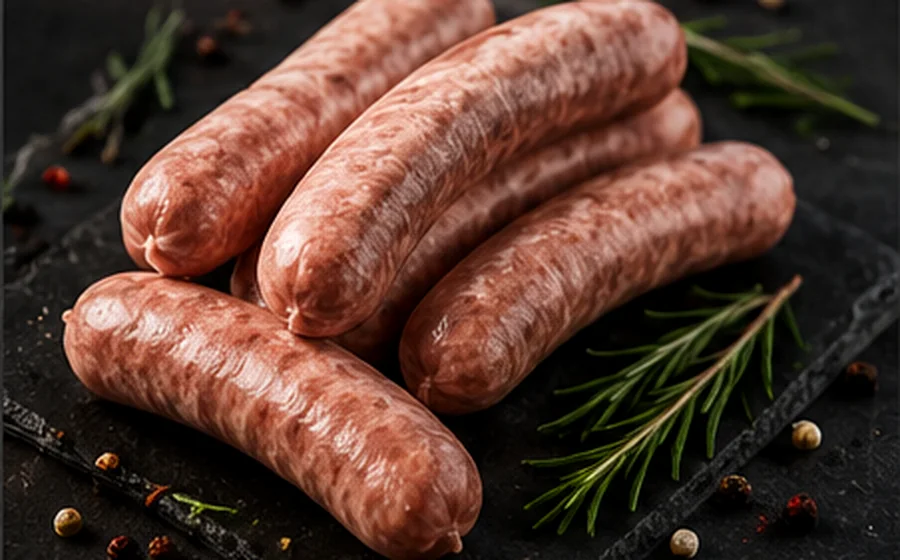 Frische Bratwürste auf einer dunklen Schieferplatte