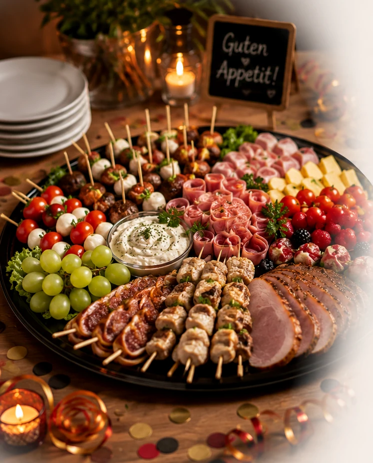 Festlich angerichtete Partyplatte mit Fingerfood, Wurst, Käse, Obst und kleinen Snacks